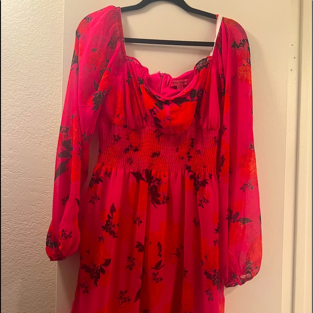 Bright Pink Floral Midi Dress with Puff Sleeves
